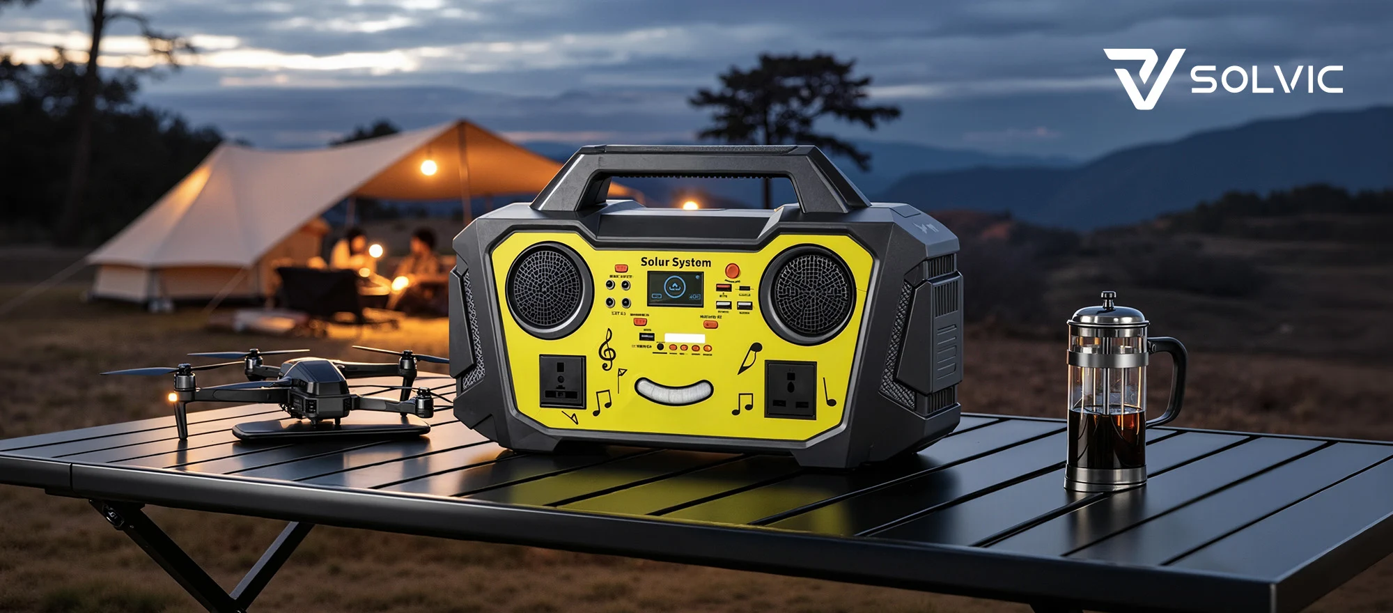 Bluetooth speaker 500W to 1000W portable power station outdoor banner – RV and beach scene with music playback and multiple device charging, mid-power 2-in-1 entertainment hub for weekend camping and group activities